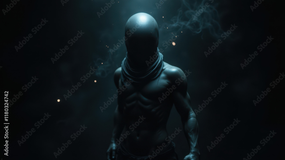 A mysterious figure in a mask standing with an AI-like aesthetic against a futuristic background. A mysterious figure in a mask standing with an AI-like aesthetic against a futuristic background.