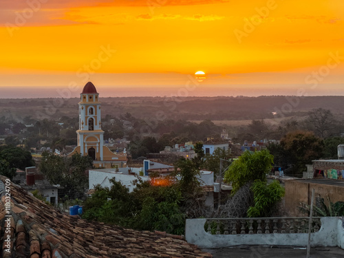Photography Iglesia y Convento de San Francisco Church aerial view at sunset in historic city centre of Trinidad, Cuba
