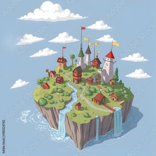 A whimsical illustration of an island with multiple buildings and structures made from different materials like wood, stone or metal. The scene includes floating clouds and waterfalls, creating a drea photo