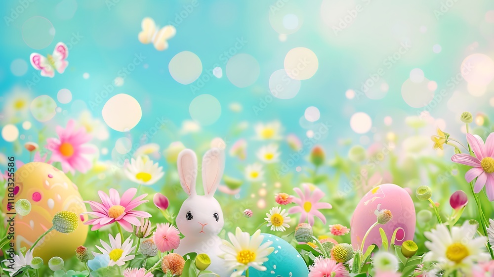 Fototapeta premium Easter Bunny Amidst Spring Flowers and Eggs