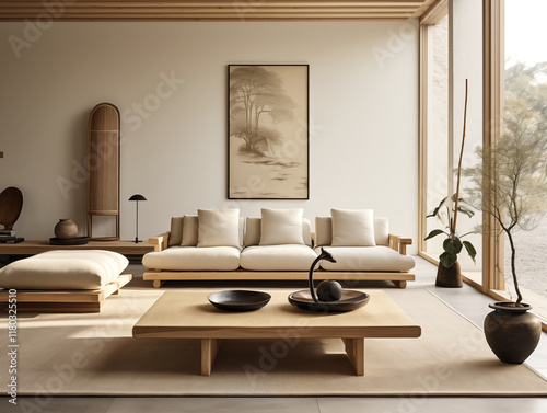Modern minimalist japandi inspired living room interior with neutral walls, couch and coffee table. Simple wabi sabi style living room interior.