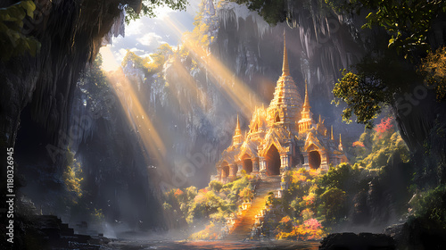 Phraya nakhon cave a breathtaking natural wonder in thailand featuring the stunning royal pavilion amidst the captivating limestone formations and dramatic sunlight beams. Flamestone. Illustration
