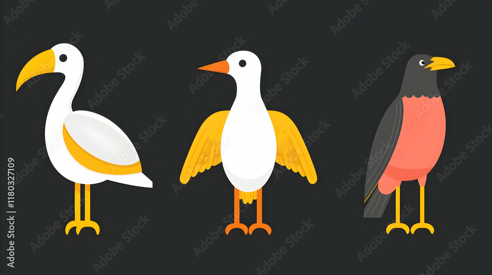 Fototapeta premium Flat birds illustration; three stylized birds; dark background; graphic design.