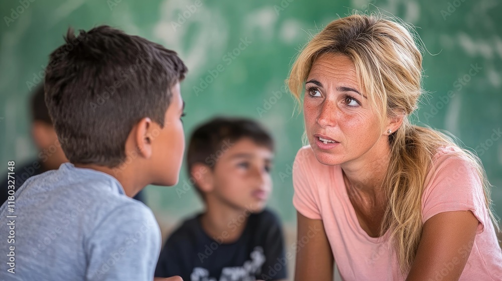 Teacher conversing with student in classroom.
