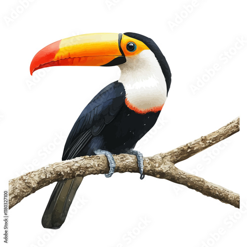 A watercolor drawing of a toucan perched on a rainforest branch, isolated on a white background. Toucan vector.
