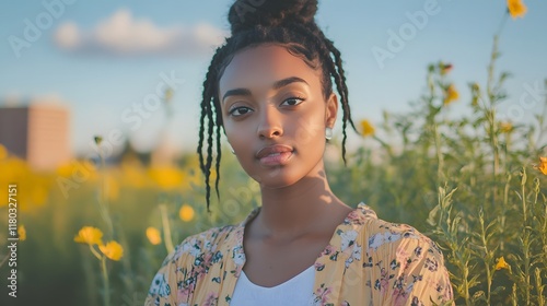 Young woman with braided hair poses among wildflowers in a sunny field photo