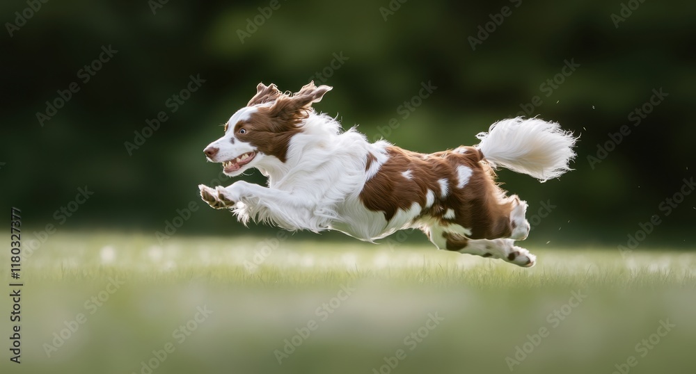 A brown and white border collie running on the grass, motion capture, high speed photography, blurred background, blurry foreground Generative AI A brown and white border collie running on the grass, motion capture, high speed photography, blurred background, blurry foreground Generative AI