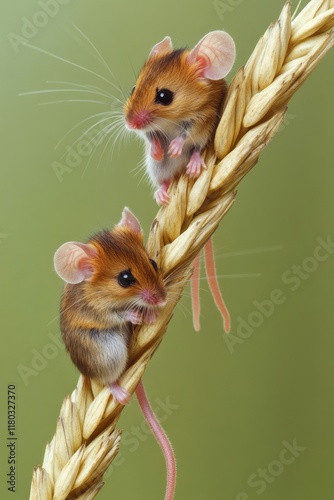 Two mice sitting on top of a stalk of wheat, natural habitat