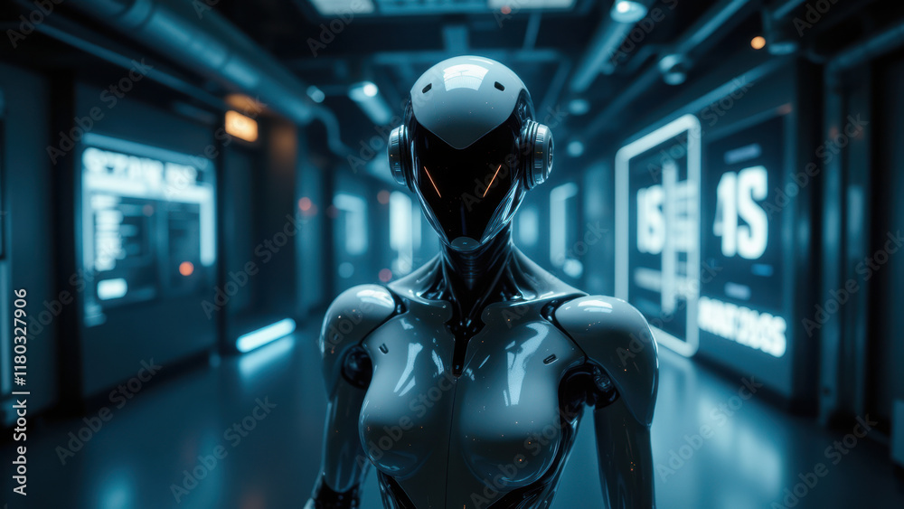 A futuristic robot standing in an industrial setting with glowing neon signs. A futuristic robot standing in an industrial setting with glowing neon signs.