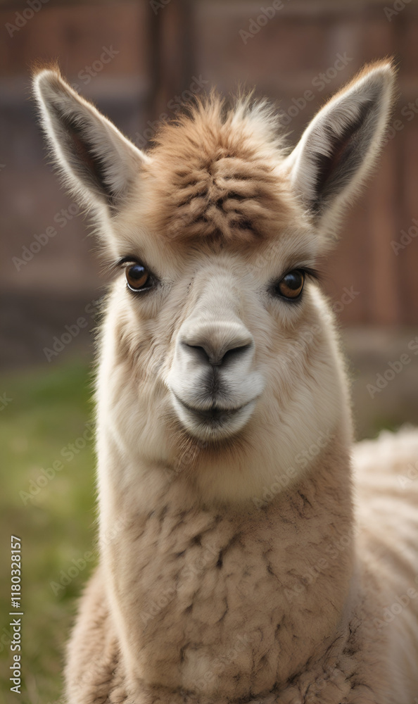 A llama with cream colored fur against a blurred landscape. A llama with cream colored fur against a blurred landscape.