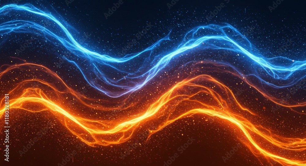 Obraz premium Abstract Energy Flow: A mesmerizing abstract background featuring vibrant, dynamic waves of light in contrasting blue and orange hues, evoking a sense of energy, movement, and duality. 