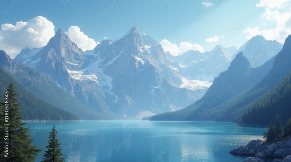 Naklejka premium Beautiful Mountain Range With A Large Body Of Water In The Foreground