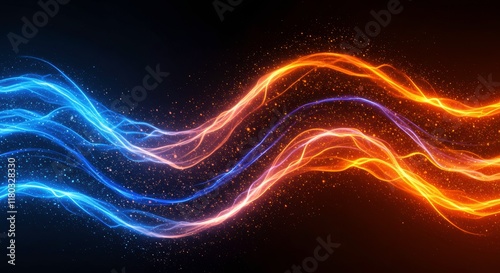 Fiery Wave Collision: Abstract art of vibrant, dynamic energy waves colliding, showcasing a captivating blend of fiery orange and cool blue hues. Perfect for tech, music, or energy-related projects. 