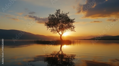Tree on small island at sunset in lake, mountains, reflection. Use nature, calendar
