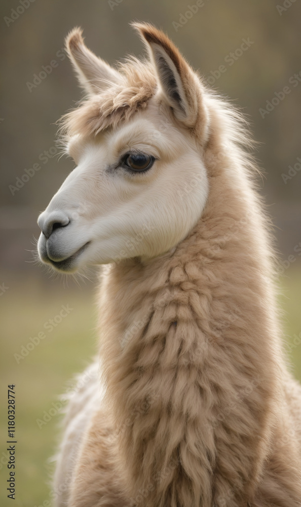 Obraz premium A llama against the background of a meadow in natural light.