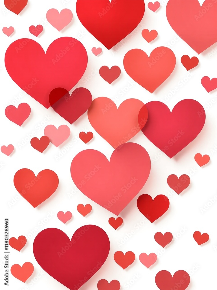 An abstract vector illustration featuring overlapping heart shapes in various shades of red, pink, and coral, with soft gradients and shadows on a white background. Ideal for Valentine's Day cards An abstract vector illustration featuring overlapping heart shapes in various shades of red, pink, and coral, with soft gradients and shadows on a white background. Ideal for Valentine's Day cards