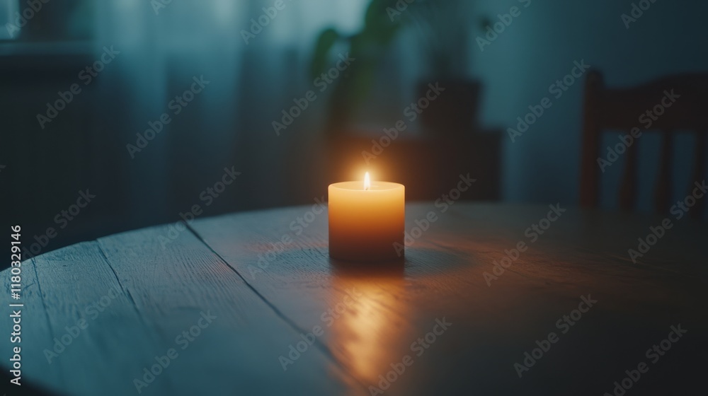 A single candle flickers gently, casting a warm, intimate glow across the rounded wooden table in an otherwise dim and tranquil room. A single candle flickers gently, casting a warm, intimate glow across the rounded wooden table in an otherwise dim and tranquil room.