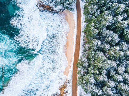 An overhead shot of the road leading to Sommaroy on a clear winter day photo