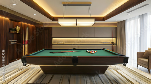 A modern entertainment room with a pool table, offering stylish decor and a fun, inviting environment.