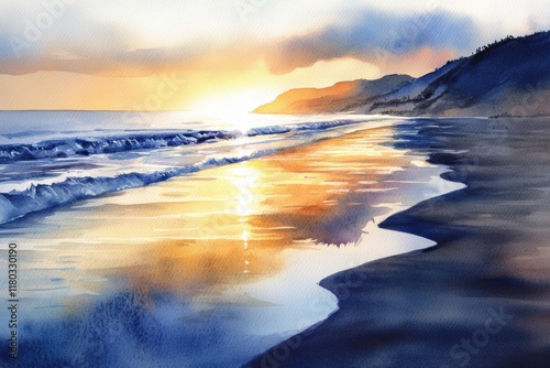 Serene Sunset Over Coastal Beach Landscape