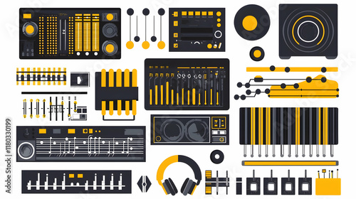 Flat design audio equipment collection on white background, showcasing sound mixing and music production tools. photo