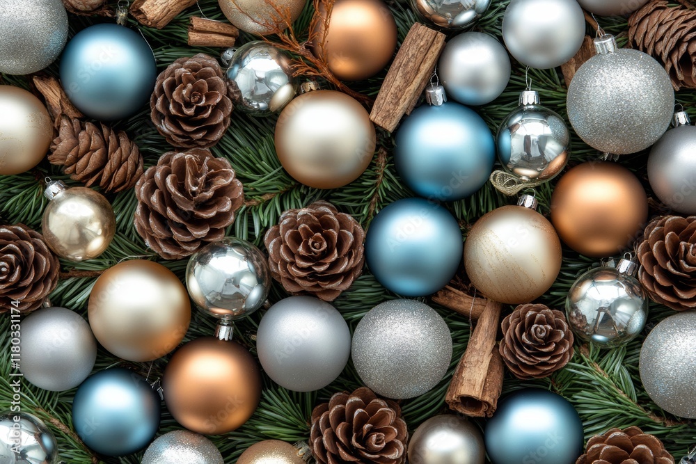 Pattern featuring white balls and pine on a green backdrop .Design comprising white balls and pine set against a green background .A design with white balls and pine elements on a green surface Pattern featuring white balls and pine on a green backdrop .Design comprising white balls and pine set against a green background .A design with white balls and pine elements on a green surface