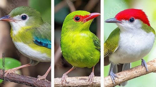 Three colorful birds perched on a branch. photo