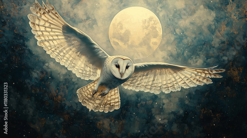 a Barn Owl flying in front of a full moon