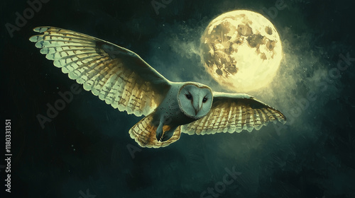 a Barn Owl flying in front of a full moon