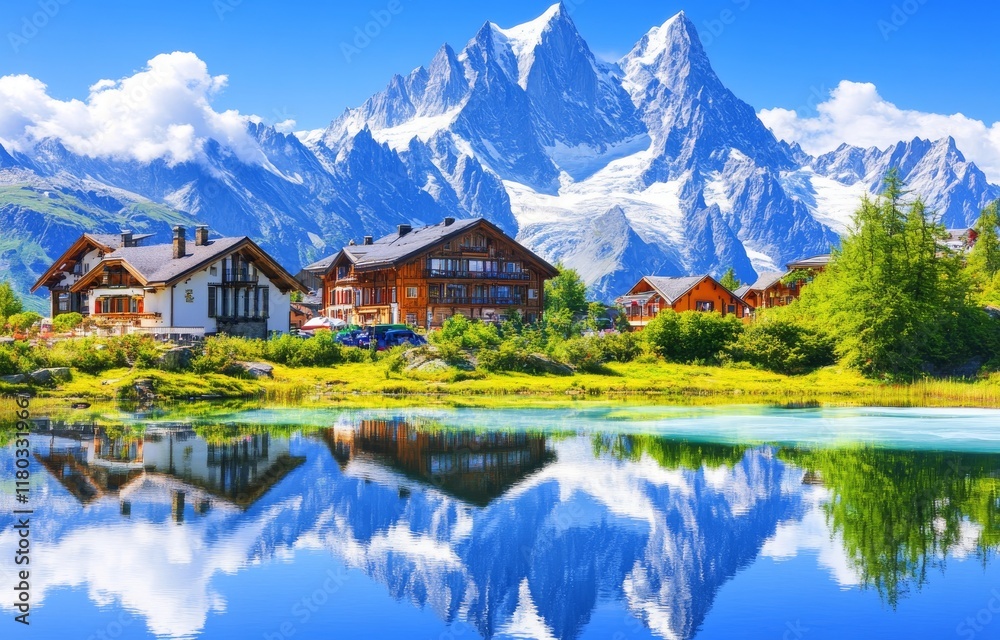 Fototapeta premium Chamonix and Mont Blanc, Chamonix, France.Chamonix and the Mont Blanc peaks, located in Chamonix, France.In Chamonix, France, you can find Aiguilles de Chamonix and Mont Blanc.Chamonix in France