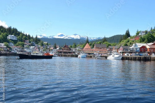 Winter scene of Sitka Harbour, featuring Gavan Hill and The Sisters mountains in the background; Sitka, Alaska, USA photo