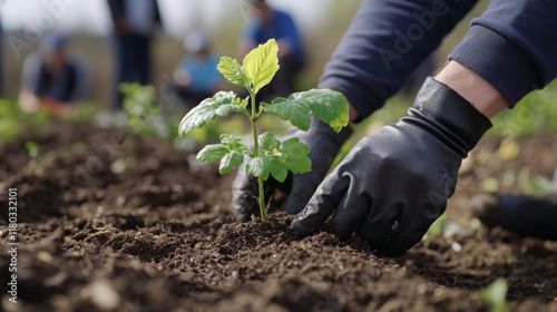 A close-up of hands planting a young tree in the earth, with volunteers working together in the background during a community environmental initiative photo