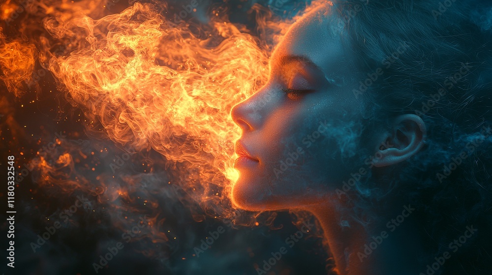 Fiery abstract portrait of a woman blending with flames Fiery abstract portrait of a woman blending with flames