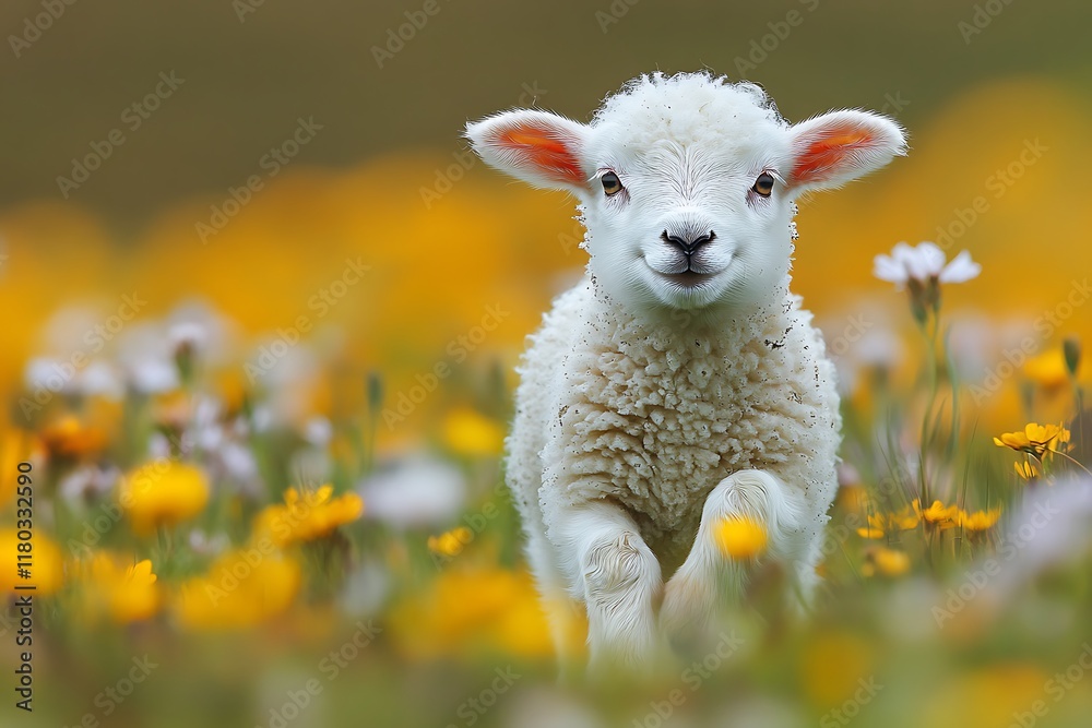 A playful lamb frolics among vibrant wildflowers in a sunny meadow. A playful lamb frolics among vibrant wildflowers in a sunny meadow.