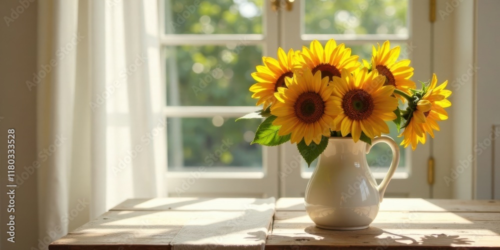 Sunlit sunflowers in a ceramic pitcher on a rustic wooden table by a window Sunlit sunflowers in a ceramic pitcher on a rustic wooden table by a window