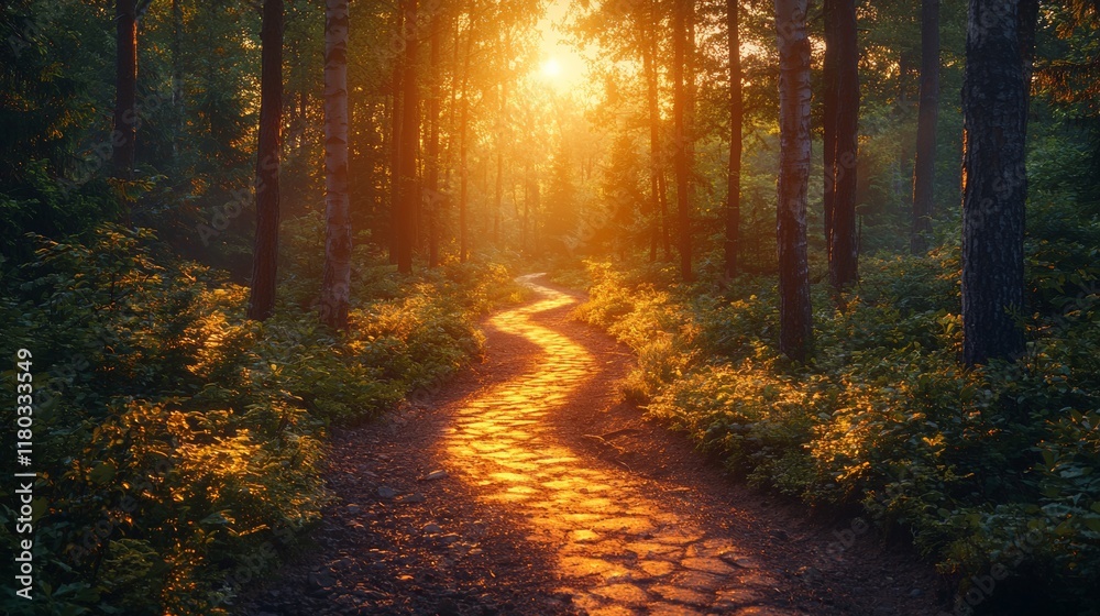 Fototapeta premium Golden forest path illuminated by sunlight at dusk