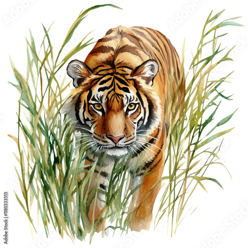 A watercolor vector of a tiger stalking in tall grass, isolated on a white background. Tiger vector.
