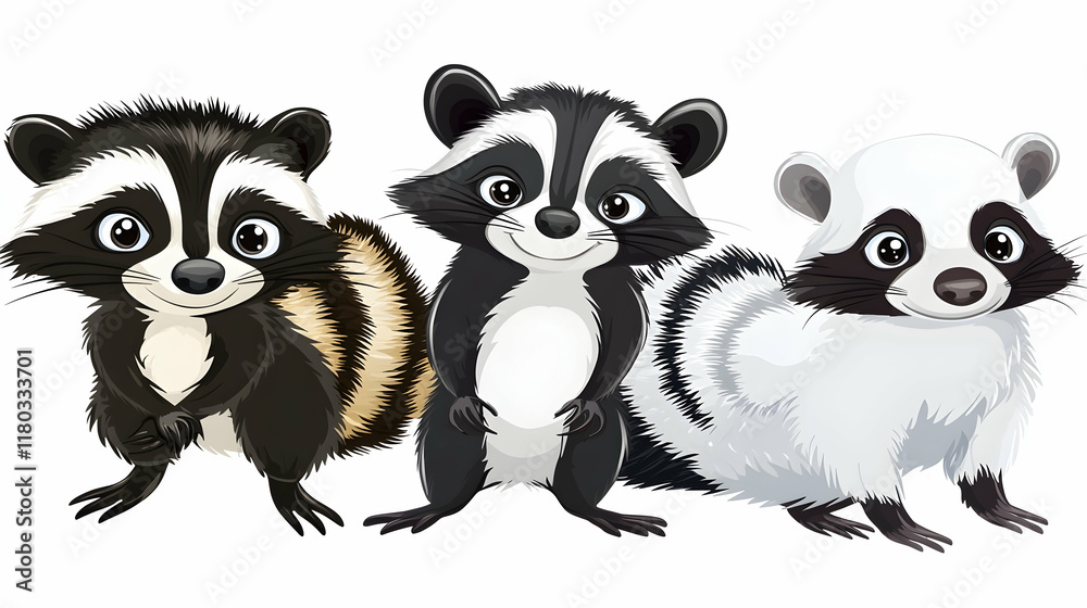 Obraz premium Three cartoon raccoons on white background, posing, cute animal illustration.