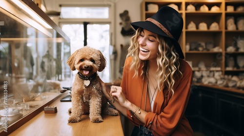 Woman holding her yorkshire terrier while shopping in pet store