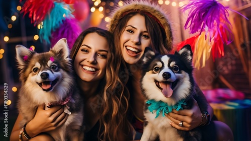 Two smiling girls hugging their dogs at pet friendly party