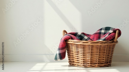 Cozy Plaid Blanket in a Rustic Wicker Basket by a Sunlit Wall