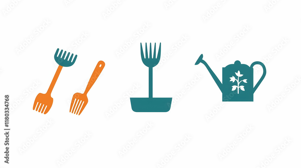 Gardening tools icons, rake, trowel, fork, watering can, on white background. Gardening tools icons, rake, trowel, fork, watering can, on white background.