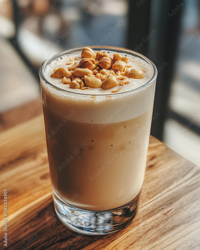Iced coffee with nuts topping on wooden table Iced coffee with nuts topping on wooden table