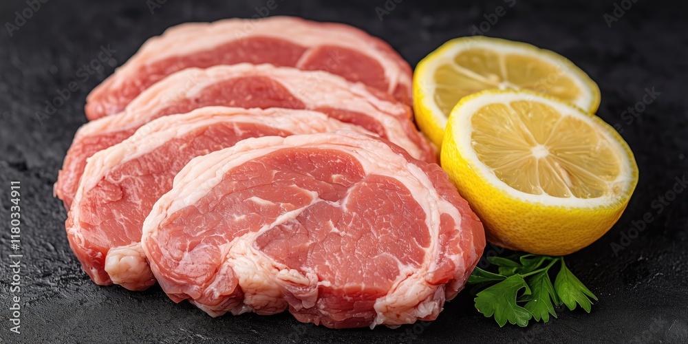 Raw meat slices with lemon and herbs ready for cooking Raw meat slices with lemon and herbs ready for cooking
