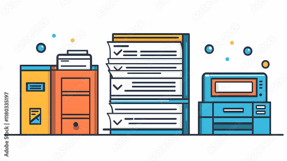 Office files, folders, and printer; organized documents, efficient workflow. Office files, folders, and printer; organized documents, efficient workflow.