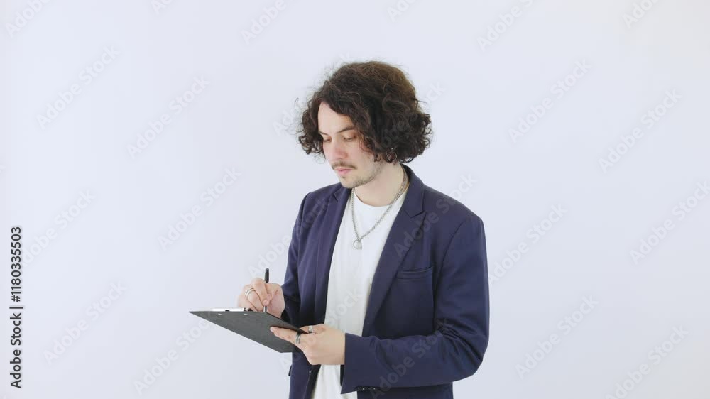 A young curly-haired man in a blazer is writing something on a notepad against a white isolated background, deeply focused on his task A young curly-haired man in a blazer is writing something on a notepad against a white isolated background, deeply focused on his task