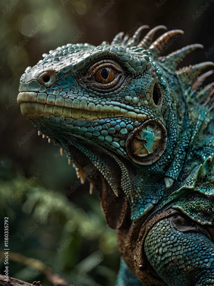 Textured iguana scales against the greenery of nature. Textured iguana scales against the greenery of nature.