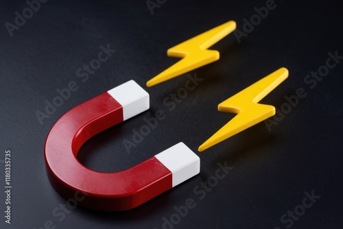 A horseshoe magnet attracts two yellow lightning bolts, symbolizing powerful energy attraction.
