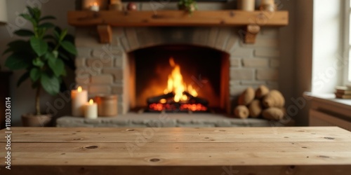 Wallpaper Mural Rustic wooden table in front of a cozy fireplace with burning fire and candles Torontodigital.ca