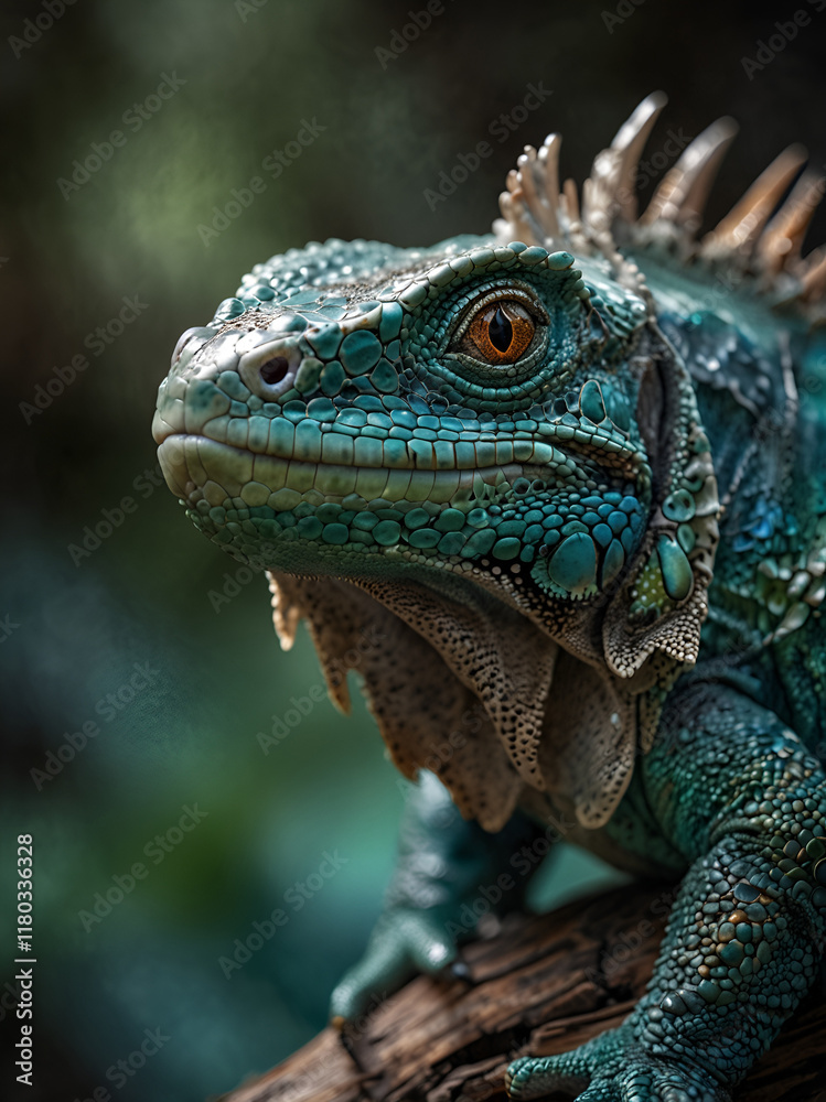 Fototapeta premium Detailed portrait of a brightly colored iguana with highlights on its scales.